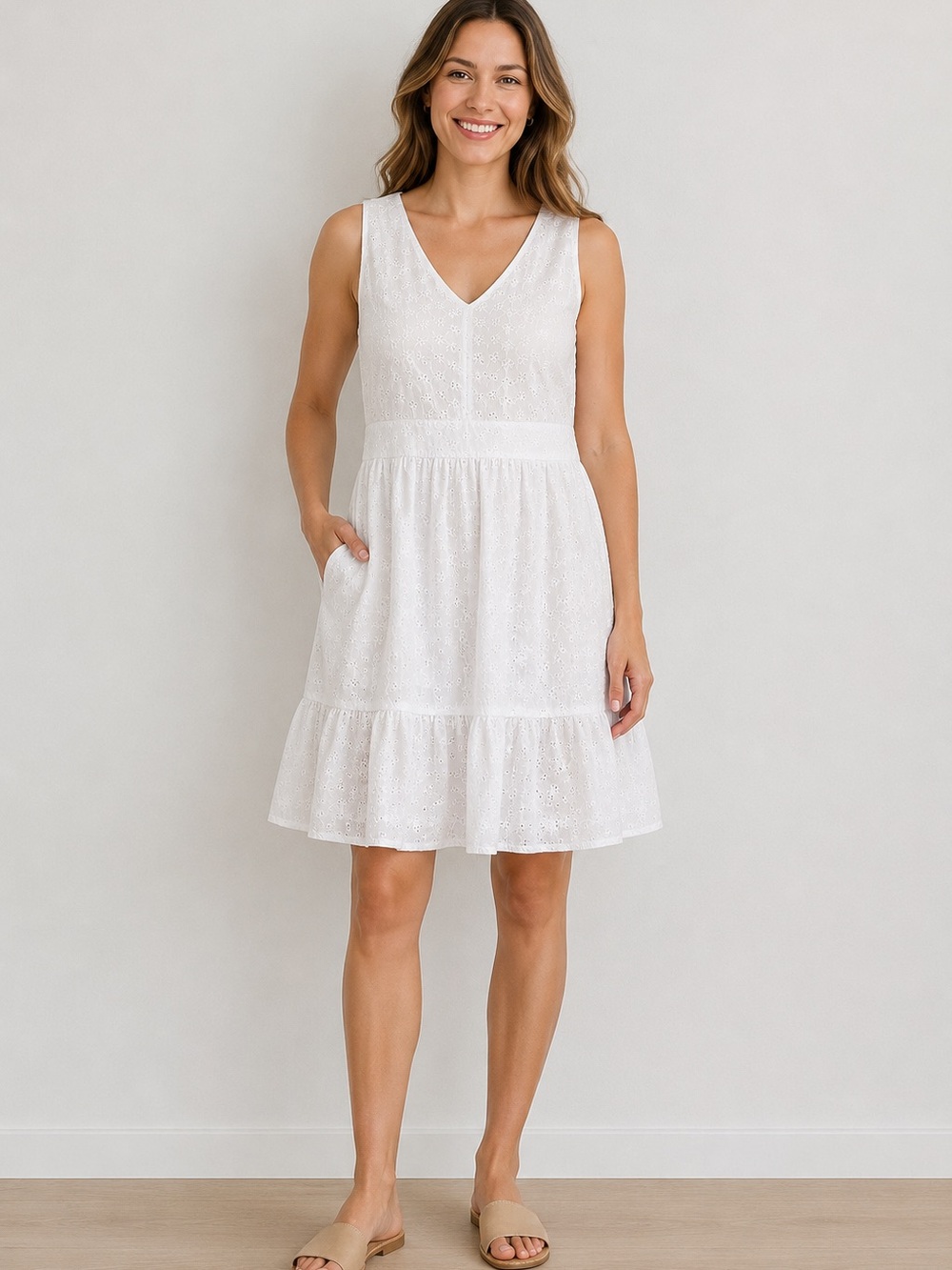 LOFT White Eyelet Stretch Knit Dress Women’s Sleeveless V-Neck Lined